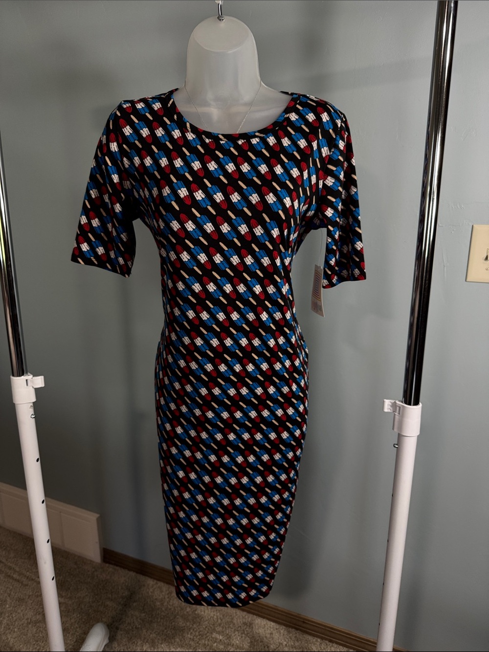 LuLaRoe Black Midi Dress with Blue, Red & White Geometric Motif